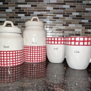NEW! Rae Dunn Red Checkered Canisters & Mugs Set